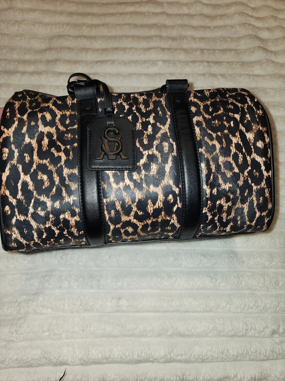 Leopard Print Barrel Duffel Bag with Black Trim